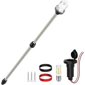 Stern Light Boat Anchor Light, 26"-48" Telescoping Pole Boat Lights with Base, Marine Navigation Lights for Boats LED, for Pontoon, Fishing, Bass & Jon Boats, 1224V (Silver)