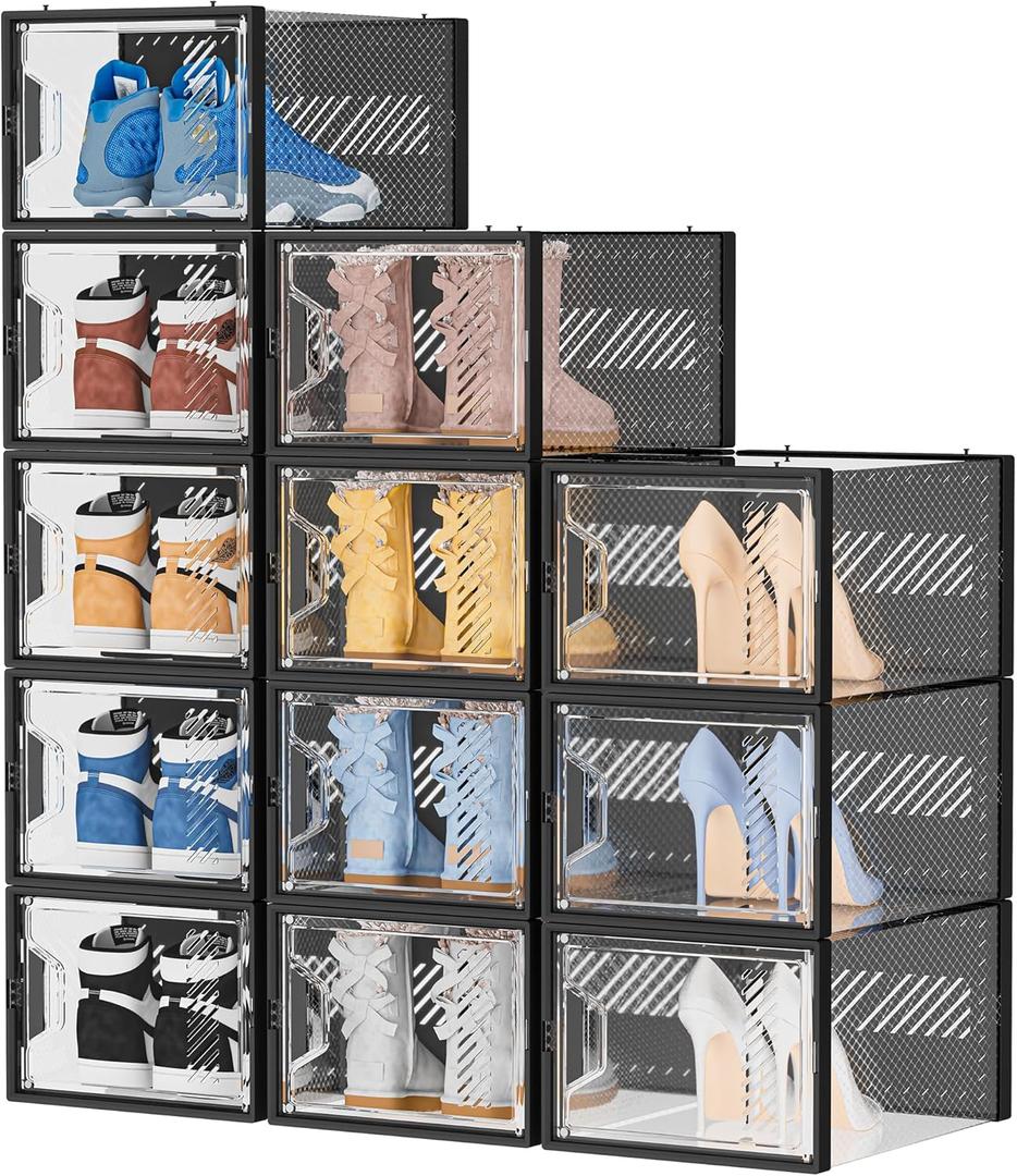 Shoe Storage, 12 Pack X-Large Shoe Organizer for Closet, Shoe Boxes Clear Plastic Stackable Shoe Storage Boxes for Size 13 (Black)