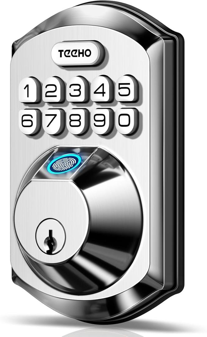 TEEHO TE002 Fingerprint Door Lock - Keyless Entry Electronic Keypad Deadbolt with 2 Backup Keys - Auto Lock - Easy Installation - Smart Locks for Front Door - Satin Nickel