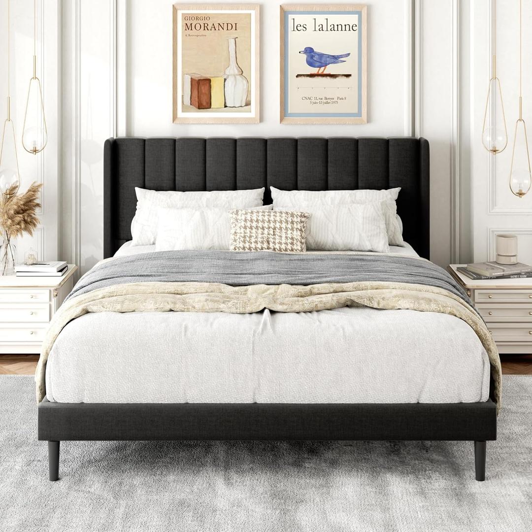 Gruwans Queen Size Bed Frame with Upholstered Wingback Headboard, Easy Assemnly Platform Bed, Wooden Slat Support No Box Spring Needed, Dark Gray