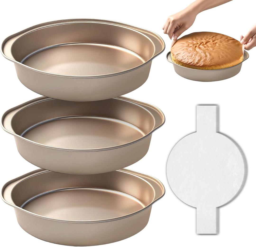 8 Inch Cake Pan, 3PCS Nonstick Round Baking Pans with 50PCS Parchment Papers, Durable Birthday Circle Cake Baking Pan with Handle for Multi-Layer Cakes, Dishwasher Safe (Gold) 