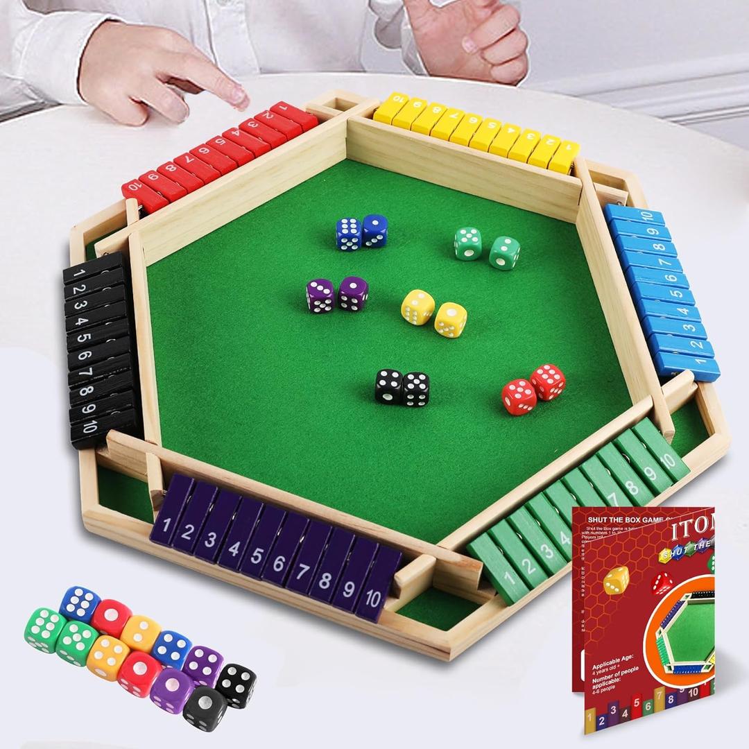 Shut The Box Game Wooden, 1-6 Players Dice Board Game for Adults and Kids, 10 Numbers Math Games - Educational and Entertaining, Classic Table Flip Blocks for Family Game Night