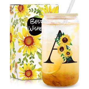 Birthday Gifts for Women, Initial Glass Cups w Lids and Straws, Sunflower Gift for Women, Personalized Gift, 16oz Glass Tumbler Cups W/Straw Lid, Monogrammed Birthday Gifts for Her Mom - A
