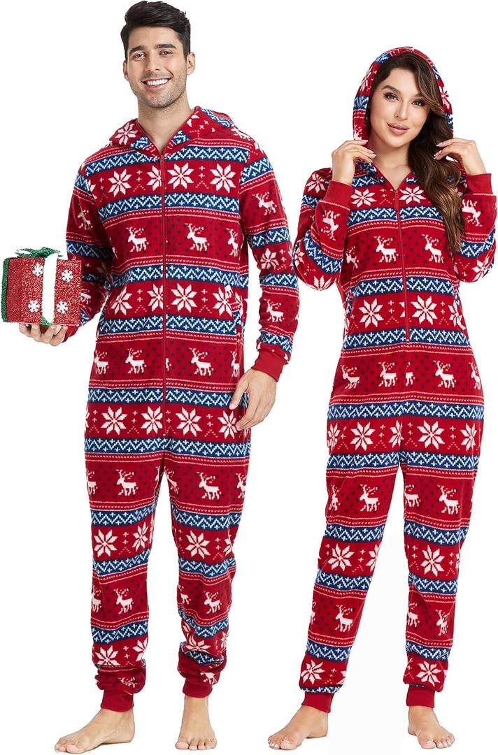 CF Matching Christmas Pajamas for Couples One-Piece Hooded Adult Onesies Holiday Family Sleepwear Jumpsuits Pjs for Women Men (Size L, Women-Snowflake Pattern)