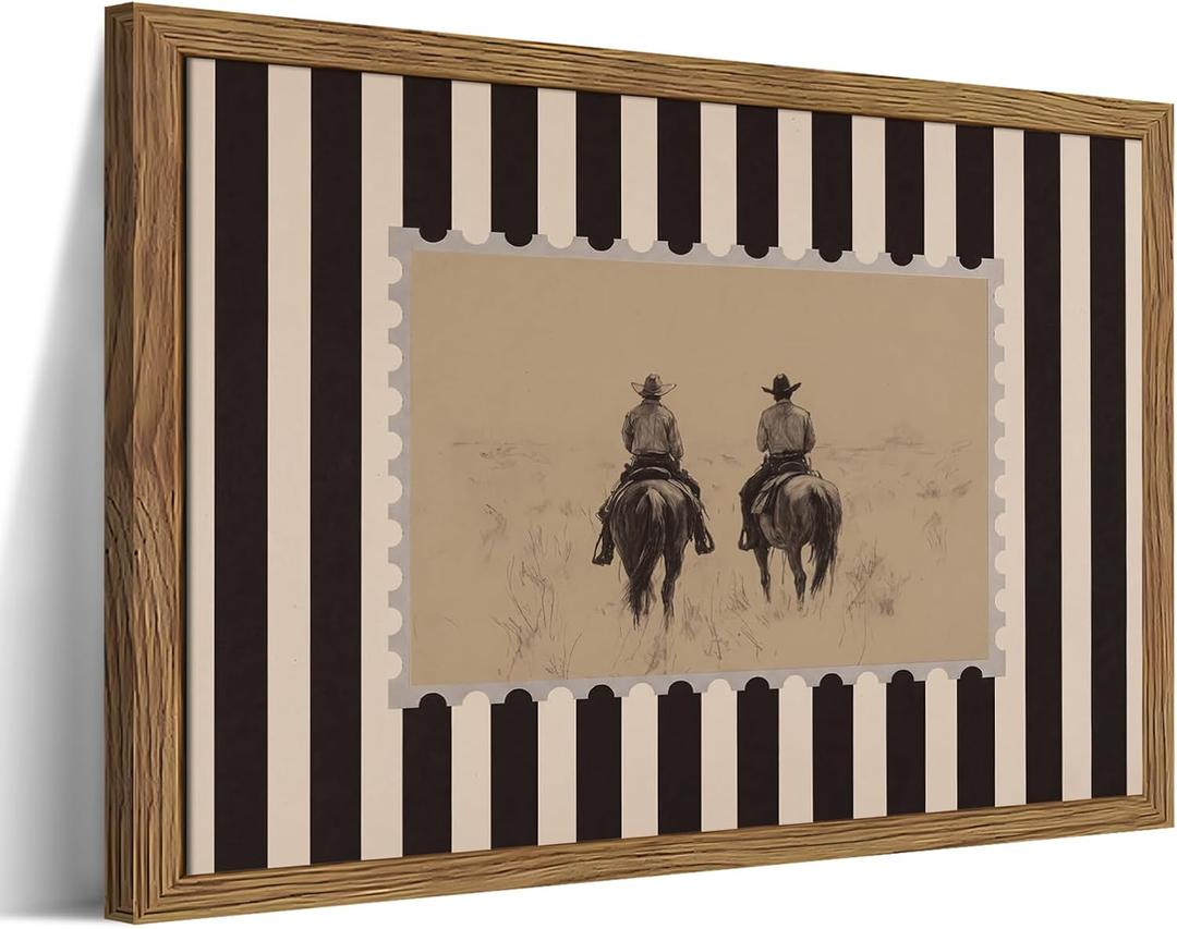 Framed Vintage Western Wall Art, Rustic Striped Cowboy Canvas Print, Retro Farmhouse West Stamp Paintings Canvas Prints Mid Century Rodeo Home Decor for Bedroom Living Room Entryway 16x24 Inch Ready to Hang