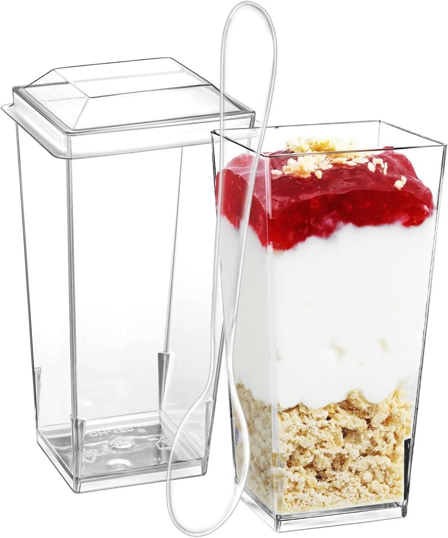 SHOPDAY 3 oz Mini Dessert Cups with Lids and Spoons 50 Pack, Small Plastic Dessert Cups for Party, Clear Square Cups for Parfait Yogurt, Shooter Cup Tumbler Cup for Appetizers Jello Mousse