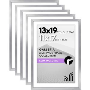 Americanflat 13x19 Picture Frame with Polished Plexiglass - Set of 5 - Use as 11x17 Frame with Mat or Display 13x19 Photo Without Mat - Galleria Collection - Picture Frames for Wall Display - Silver