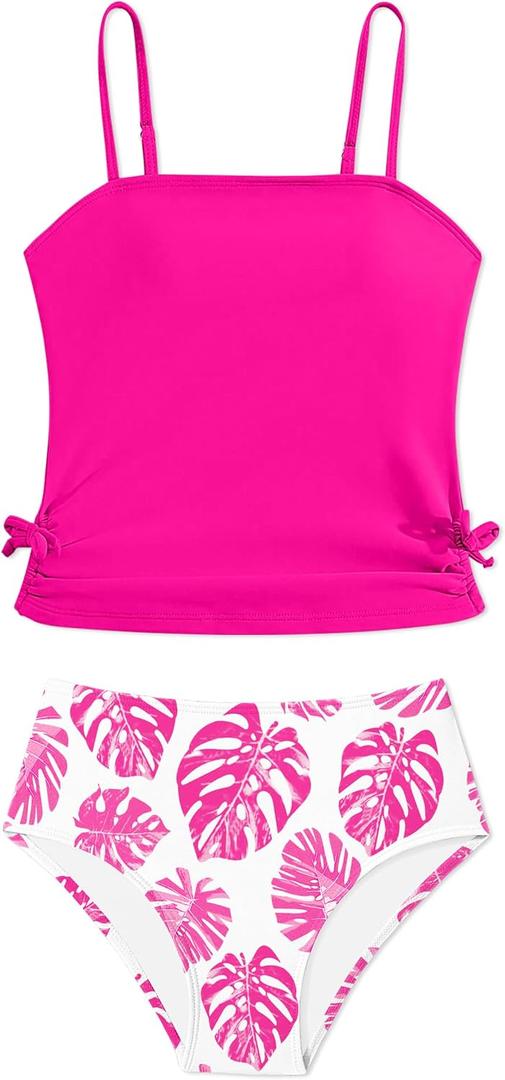 Girls Tankini Swimsuits Two Piece Bathing Suit Drawstring Swimwear Set for Girls 7-18 Years (Pink)