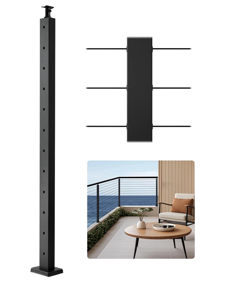 VEVOR Level Drilled Cable Railing Post, 12 Holes, 42x2x2 Inches Stainless Steel Cable Railing System Kit for Indoor Outdoor Deck Balcony, 1 Pack, Black, Product ID 1JZLGZXHS106AWJO6001V0