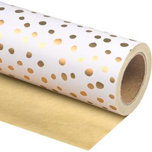 WRAPAHOLIC Reversible Wrapping Paper - Mini Roll - 17 Inch X 33 Feet - Gold Print and Delicate Polka Dots Design for Birthday, Christmas, Wedding, Baby Shower