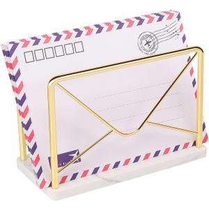 Modern Mail Holder for Home Office, Metal Letter Organizer Sorter for Desk, Cutout Mail Envelope Design, Bill Filling Paper Document Rack, Envelope Storage Rack with Marble Base (Gold)