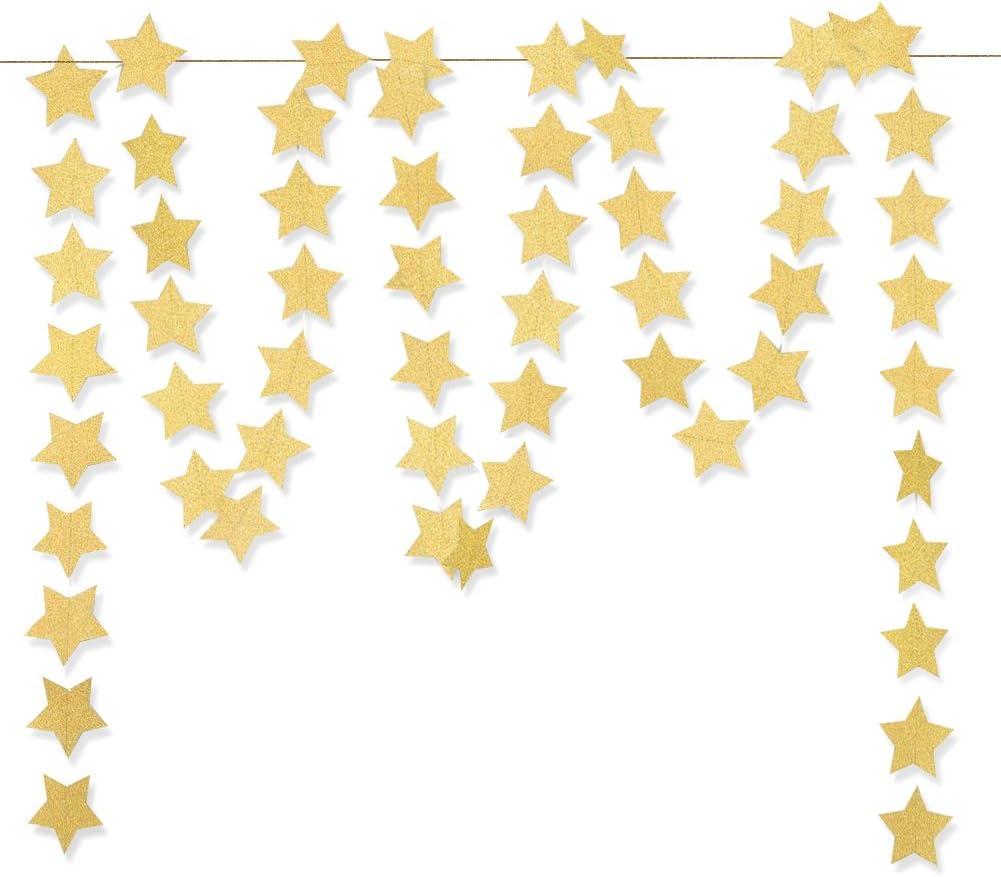 Glitter Gold Paper Star Hanging Garland - Twinkle Star Banner for Festival Home Wall Decoration, Birthday, Wedding Photo Booth Props, 2.8", Totally 23 ft/7m