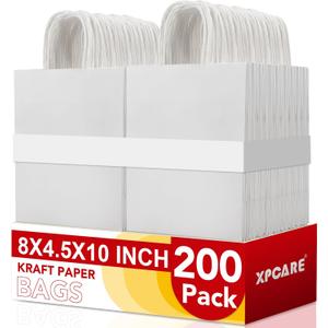 XPCARE 200Pack Paper Bags 8x4.5x10 Inch, Plain Medium Paper Bags with Handles Bulk, Kraft Paper Gift Bag, Retail Bag, Party Bag, Shopping Bag, Favor Bag (White)