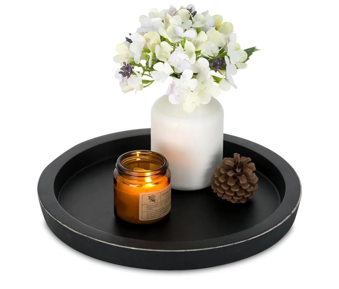 Hanobe Wooden Tray for Coffee Table: Candle Holder Plate Black Round Decorative Serving Tray - Vintage Table Centerpiece Rustic Farmhouse Home Decor