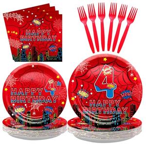 Red Spider 4th Birthday Party Supplies, Spider Web Birthday Plates Set Include Paper Plates, Napkins, Forks for Spider Themed Party Favors