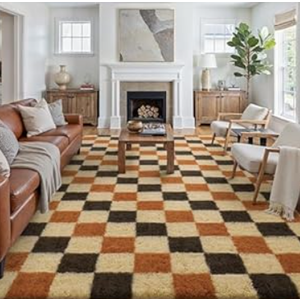 PureCozy Checkered Rug 8x10 for Living Room, Modern Neutral Shag Rug Washable Non-Slip Large Area Rug Super Soft Indoor Fuzzy Carpet Fluffy Rugs for Bedroom Home Aesthetic Decor (Orange, Black)