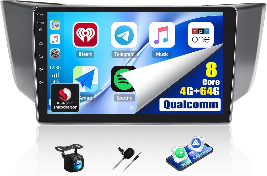 8 Core 4G+64G Qualcomm Car Stereo for Lexus RX300/RX330/RX350/RX400H 2004-2009: Android 15 Car Radio with Carplay Android Auto9 inch IPS Touch Screen, Bluetooth5.1, GPS, Dual-Band WiFi, Rear Camera