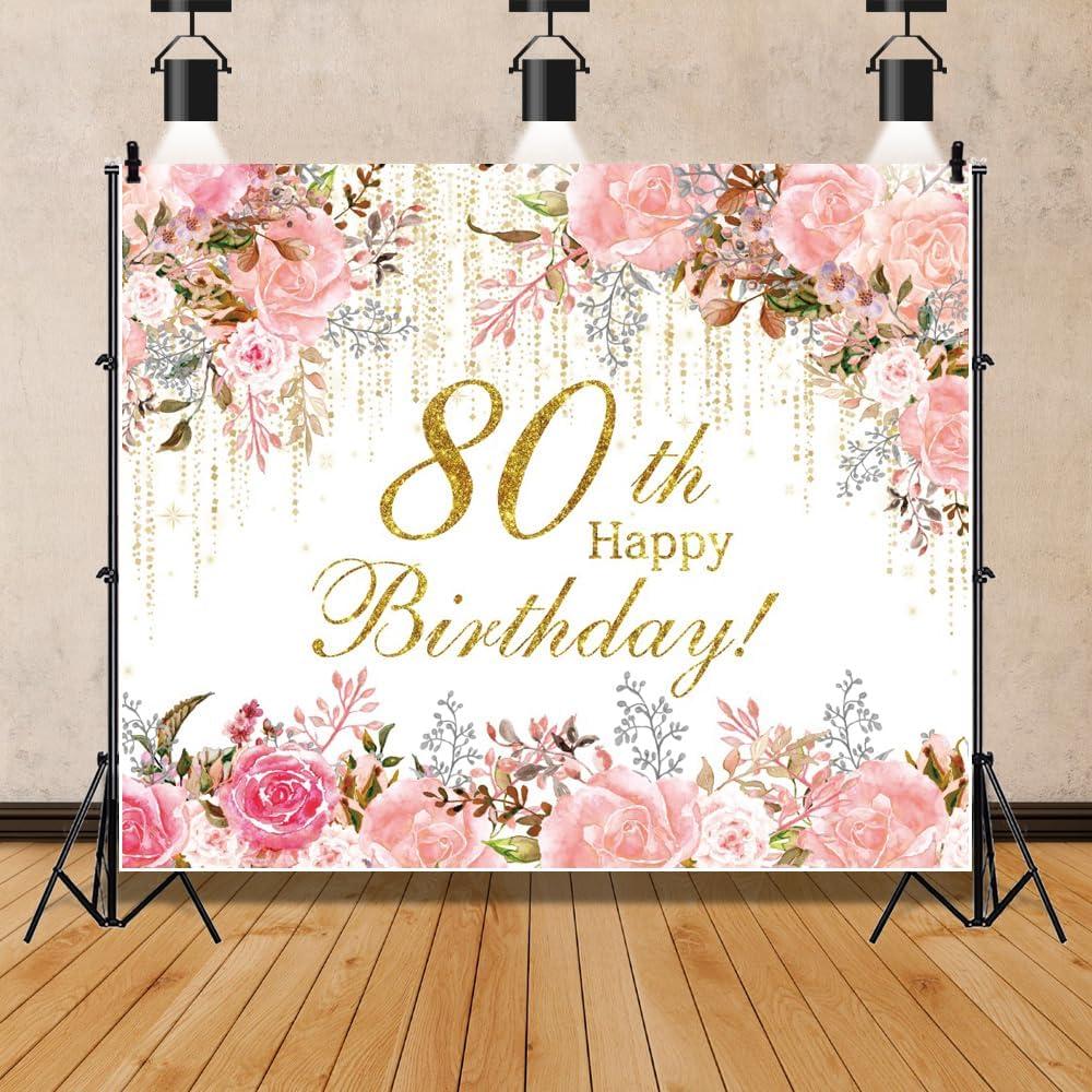 Happy 80th Birthday Backdrop Pink Watercolor Floral Golden Curtains Backdrop for Women Grandma Theme Birthday Party Decorations Banner Stylish Photography Background Studio Props 10x8ft