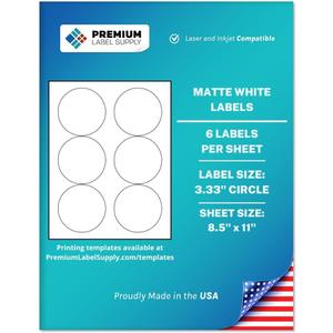Premium Label Supply White Sticker Round Labels 3.33" Circle Laser/Inkjet Compatible (6 Per Sheet), 25 Sheets 150 Total Adhesive Labels