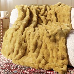Ultra Soft Cozy Faux Fur Throw Blanket, Fuzzy Plush Thick Bubble Blanket, Oversize Luxury Fluffy Blanket for Couch, Sofa, Bedroom, and Living Room,50x60 Inches, Dark Yellow