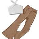 WDIRARA Girl's 2 Piece Outfits Crisscross Crop Halter Top and Rib Knit Flare Leg Pants Set Khaki 11-12Y