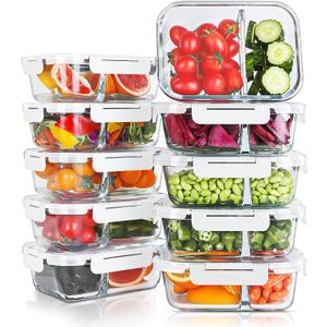 KOMUEE 10 Packs 30oz Glass Meal Prep Containers 2 Compartments,Glass Food Storage Containers with Lids,Airtight Lunch Bento Boxes,Oven,Freezer and Dishwasher Safe, White