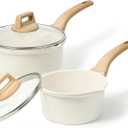 CAROTE 1.5Qt & 3.0Qt Sauce Pan Sets with Lid Cooking Pots Nonstick Saucepans Cookware Set with Pour Spout Small Kitchen Pot, Induction Compatible, Easy to Clean, PFOA FREE (White Granite)