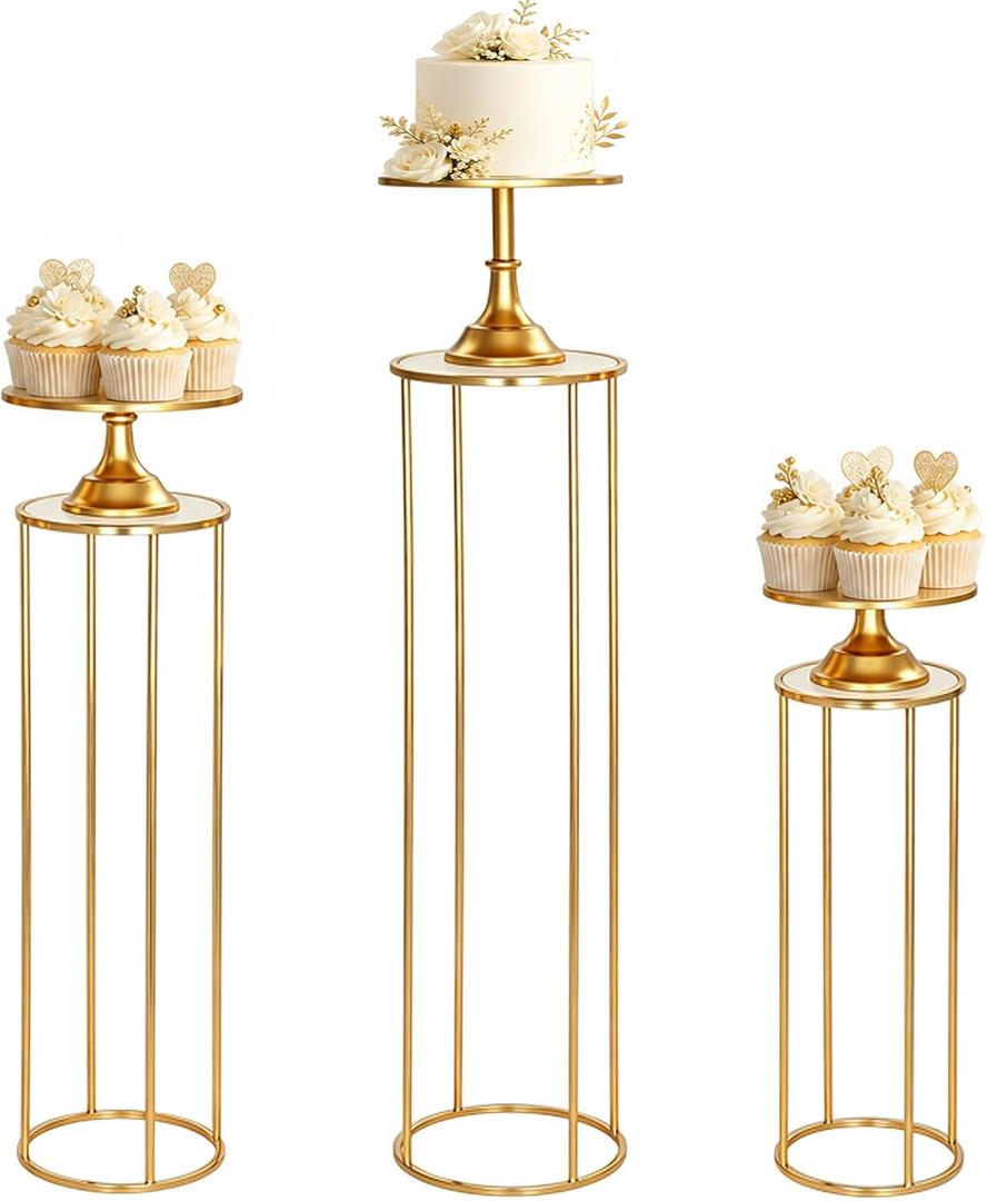 6 Pack Cylinder Pedestal Stands and Metal Cake Stand Set, Gold Metal Plant Round Display Columns Cupcake Dessert Table Display Stand for Party Wedding Birthday Baby Shower Anniversary