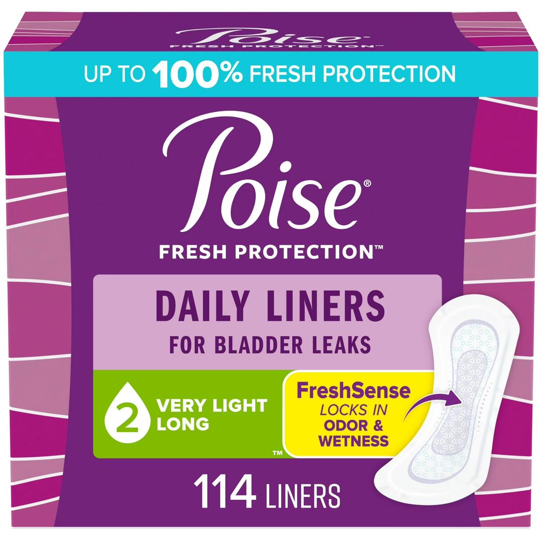 Poise Daily Liners, Incontinence Panty Liners for Bladder Leaks, 2 Drop Very Light Absorbency, Long Length, 114 Count of Pantiliners