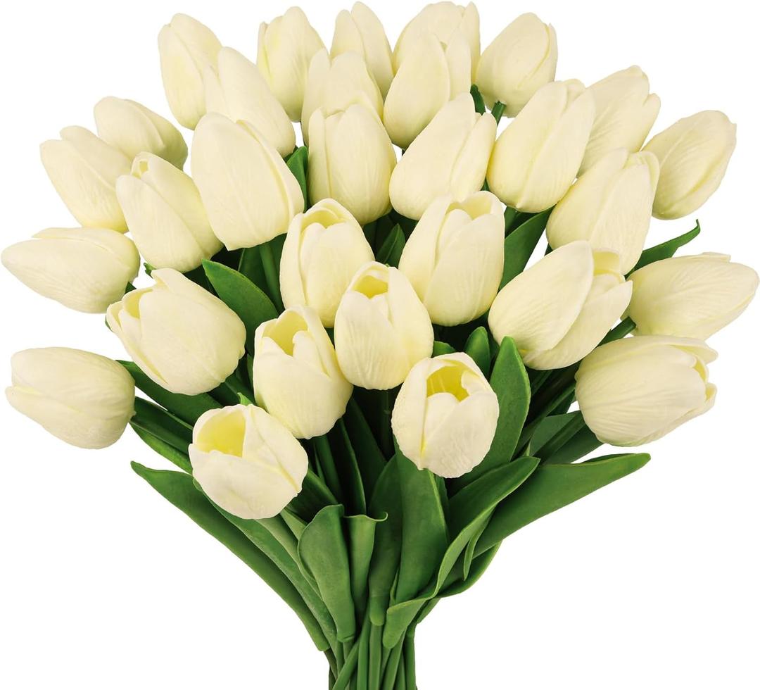MACTING 30 PCS Artificial Tulip Flowers 13.7" Real Touch Fake PU Tulips Bouquet Faux Flowers for Floral Arrangements Table Centerpieces Kitchen Home Mothers Day Spring Easter Decorations(Cream)