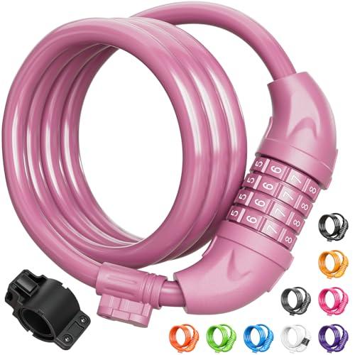 Titanker Bike Lock, Bicycle Lock 4 Feet Cable Lock 1/2 Inch Resettable Bike Locks Combination with Mounting Bracket, Bike Accessories for Bicycle, Electric Scooter, Motorcycle, Baby Pink