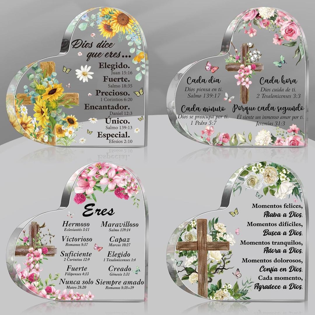 4 Pcs Spanish Christian Acrylic Gift for Women Religious Gift with Bible Verse Butterfly Heart Shape Sign Regalos Cristianos Para Mujer En Espaol for National Grandparents Day(Heart)