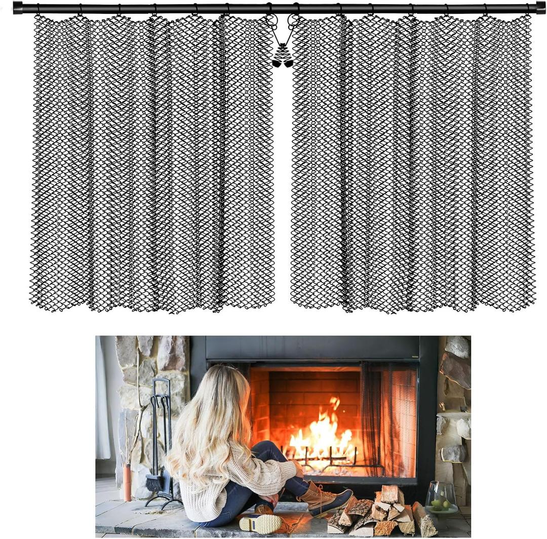 Fireplace Mesh Screen Curtain Kit with Adjustable Fireplace Curtain Rod, Adjustable Fireplace Screen Panels 19" H × 27.5" W Black Matte