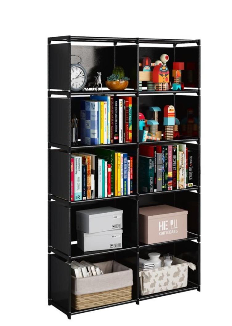 JIUYOTREE 6-Tiers Portable Bookshelf with Fabric Cloth at Back, 10 Cube Closet Storage Organizer Bookcase, Living Room,Study Room,Bedroom, Black