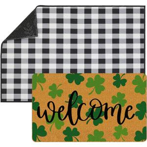 Tinideya 2 Pcs Four Leaf Clover Welcome Doormat 23x35 in St. Patrick's Day Layered Buffalo Plaid Carpet Coquette Non Slip Green Bathroom Coir Mats for Entrance Porch Indoor Outside Home Irish Decor