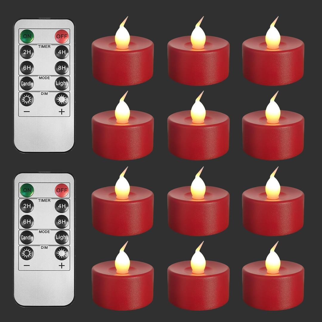 Tea Lights Candles Battery Operated: 12-Pack with Remote Control and Auto Timer, Realistic Flickering LED for Wedding, Halloween, Christmas & Home Decor(Red)
