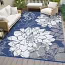 COZYLOOM Large Outdoor Rugs 9x18 Waterproof Plastic Straw Rug for Patio, Reversible Modern Flower Camping Rug with Portable Bag & Stakes, Foldable & UV Resistant, Outdoor Carpet for Yard Deck, Navy