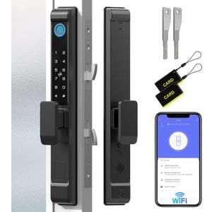 Anweller 2885 Mortise Sliding Glass Door Lock, Smart Fingerprint Code Keypad RFID Remote App Electronic Digital Biometric Safety Patio Door Double Hook Mortise Lock Set with Handle