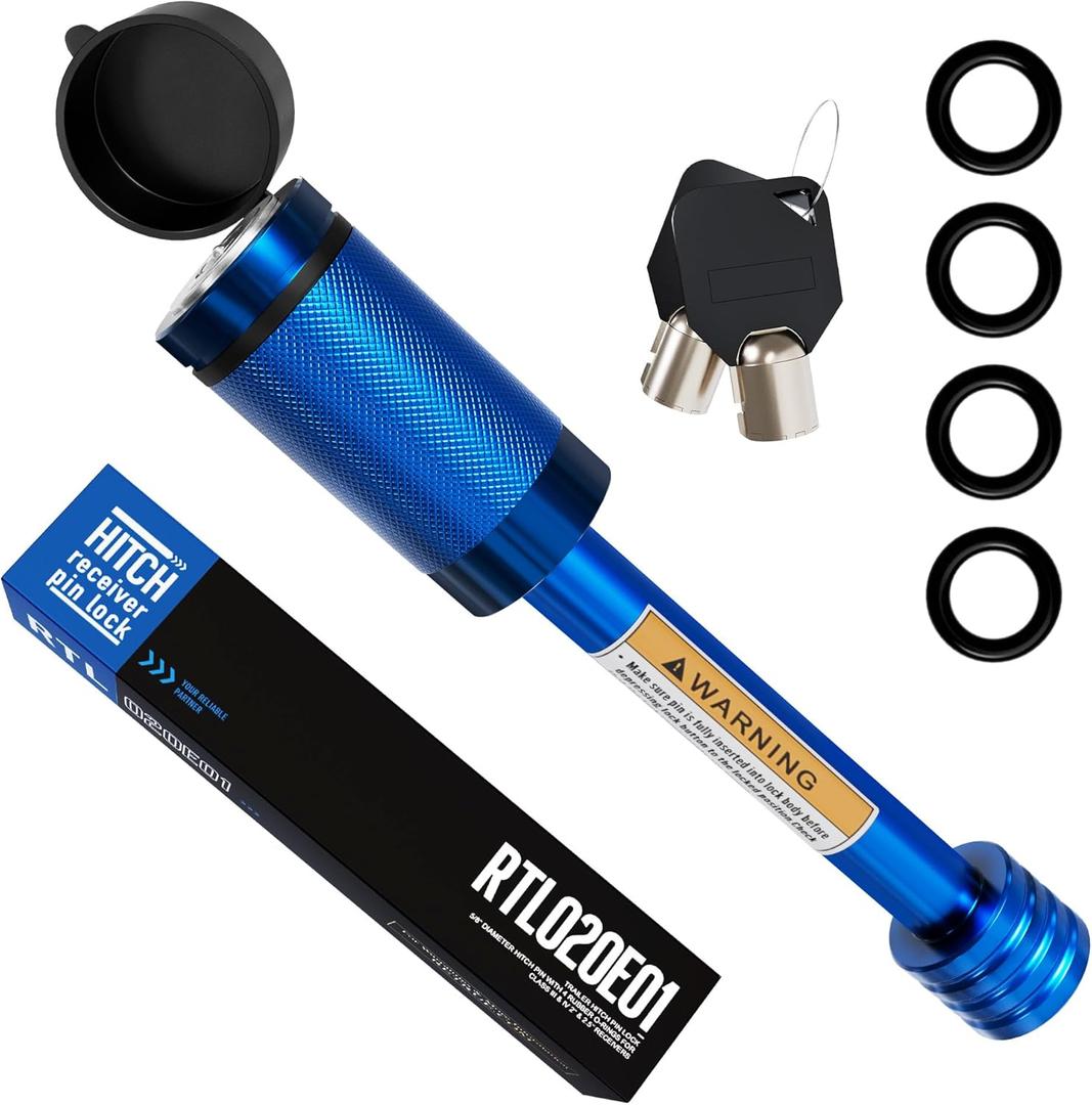 RETRUE Trailer Hitch Locks, 5/8" Locking Hitch Pin for 2 Inch and 2 1/2 Receiver Class III IV Hitch, Tow Hitch Lock with Keys O-Rings, Trailer Accessories for Outdoor, Blue