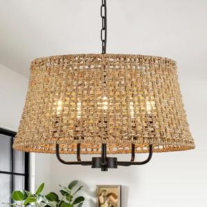 YOMECOO Hand-Woven Rattan Chandelier Vintage Farmhouse Boho Bamboo Chandeliers Light Fixture Retro Drum Wicker Rattan Black Chandelier for Dining Room, Kitchen, Living Room