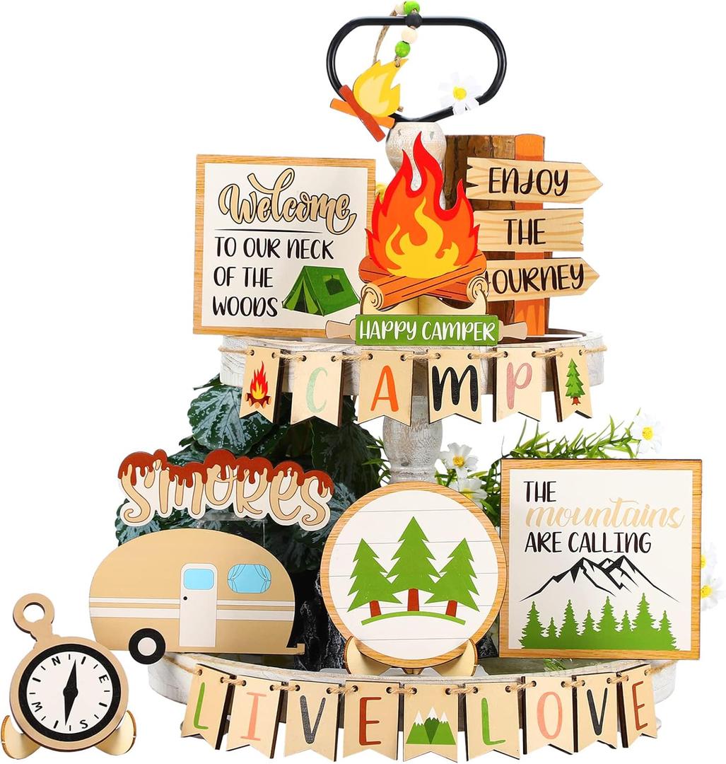 25 Pcs Camping Tiered Tray Set - Farmhouse Smores Wood Sign Decorations - Party Campfire Barbecue Centerpiece - Rustic Kitchen Decor