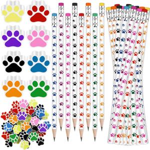 Weecent 48 Pcs Paw Print Pencil Eraser Sets Colorful Wooden Pencils with Paw Eraser for Kids Dog Themed Birthday Party Favors Welcome Back to School Favors Office Supplies