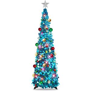 N&T NIETING Collapsible Blue Tinsel Christmas Tree with Lights & 30 Balls - 5Ft Skinny Tree for Holiday Home Office Decor