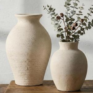 2 Pcs Rustic Farmhouse Vase Terracotta Clay Vase White Pottery Decorative Flower Pot Vintage Decor for Table, Living Room, Shelf, Mantel Decoration