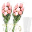 Jansun 40 Pack Transparent Flower Bags for Bouquets Kraft Floral Wrap Sleeves with Ribbon Bouquet Wrapping Paper for Wedding DIY Florist Supplies (19x11Inches)
