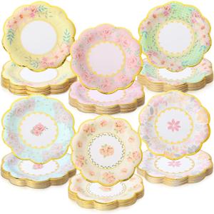 Maxcheck 72 Pcs 9 Inch Floral Paper Plates with Gold Rim Disposable Flower Plates for Tea Party Decorations Birthday Baby Shower Wedding Bridal Supplies