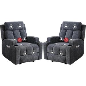 Phoenix Home Manual Recliner Chair Set of 2 with Massage and Heat, Ergonomic Overstuffed Breathable Fabric Recliner Single Sofa with 2 Cup Holders, Living Room Lounge Recliners on Clearance, Dark Gray