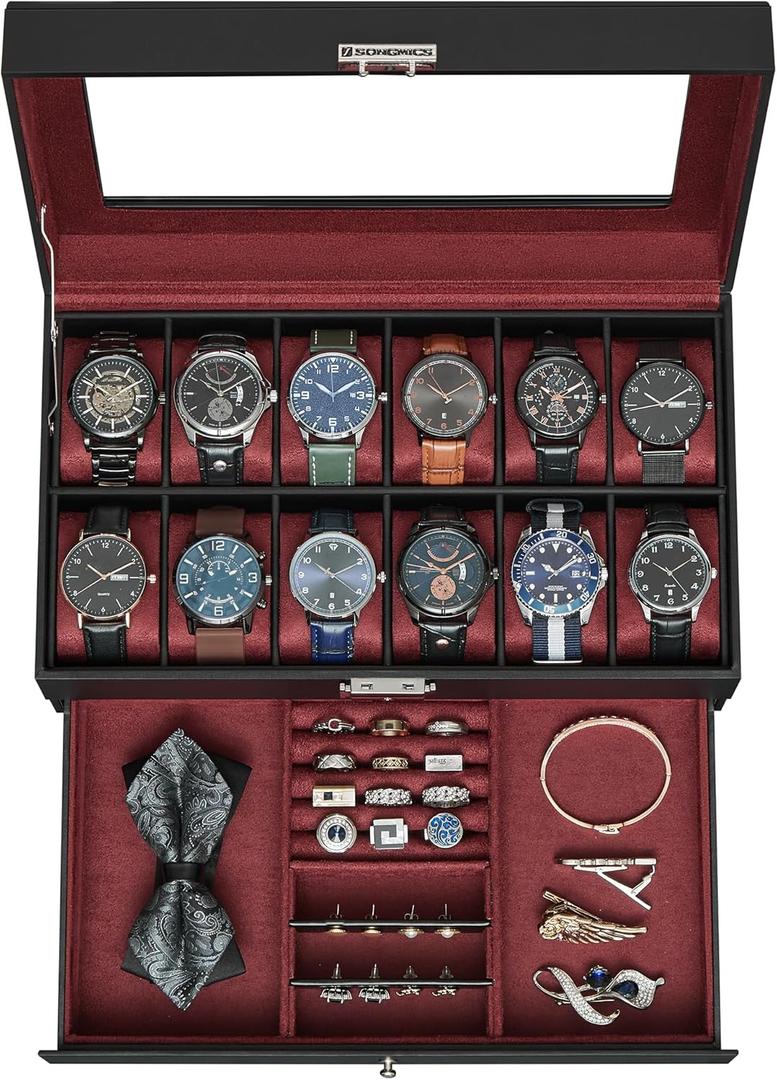 SONGMICS Watch Box, 12-Slot Watch Case Organizer with Large Glass Lid, 2 Layers, Removable Pillows, Metal Lock, Gift for Loved Ones, Black Synthetic Leather, Wine Red Lining UJWB012R01