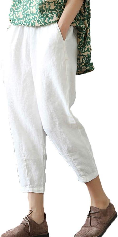 LaovanIn Women's Linen Cropped Pants Tapered Ankle Capris Trousers Elastic Waist (X-Large, White)