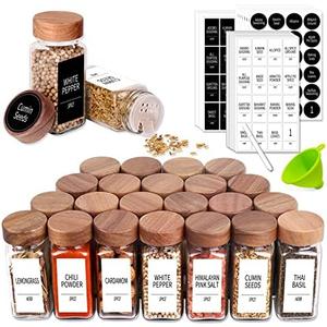 Churboro 23 Spice Jars with 547 Labels - Glass Spice Jars with Shaker Lids - 4 Oz Square Spice Containers with Acacia Wood Lids, Chalk Pen, Funnel- Seasoning Jars for Spice Rack, Cabinet, or Drawer